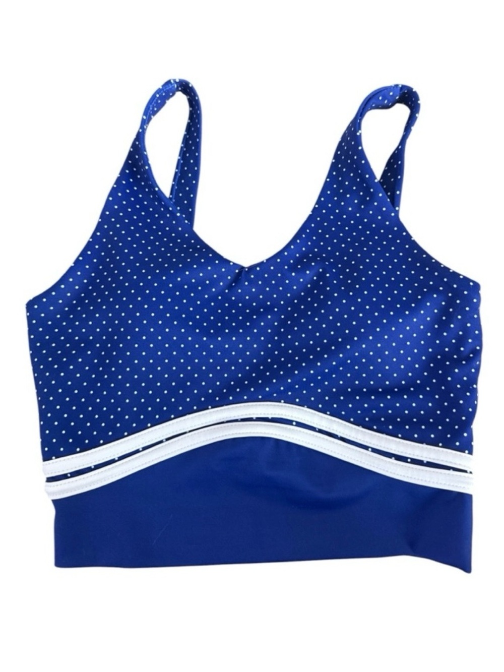Blue Polka Dot Wireless Sports Bra with White Trim
